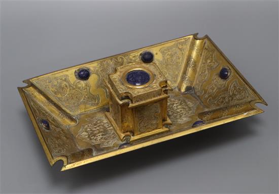 A Victorian ormolu inkstand, with lapis insets width 24cm